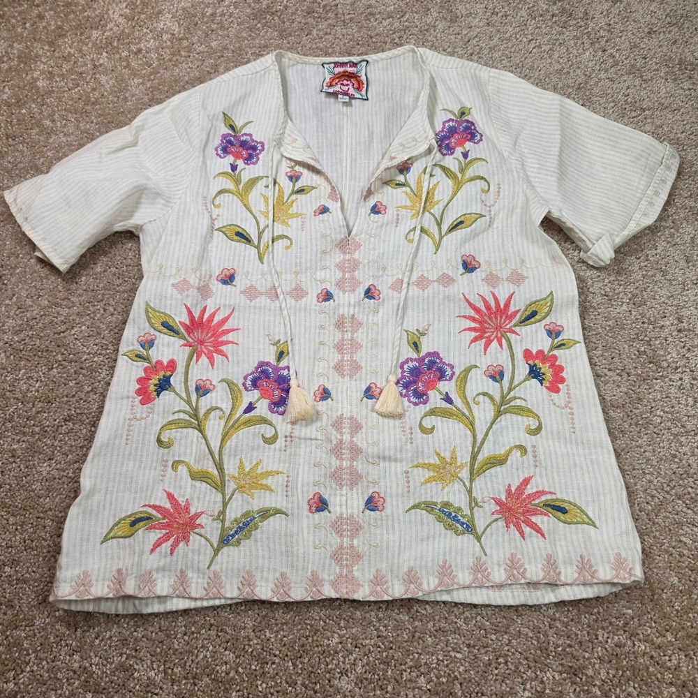 Johnny Was Blouse Floral Embroidered Linen Striped Tassel Boho Top Size S
